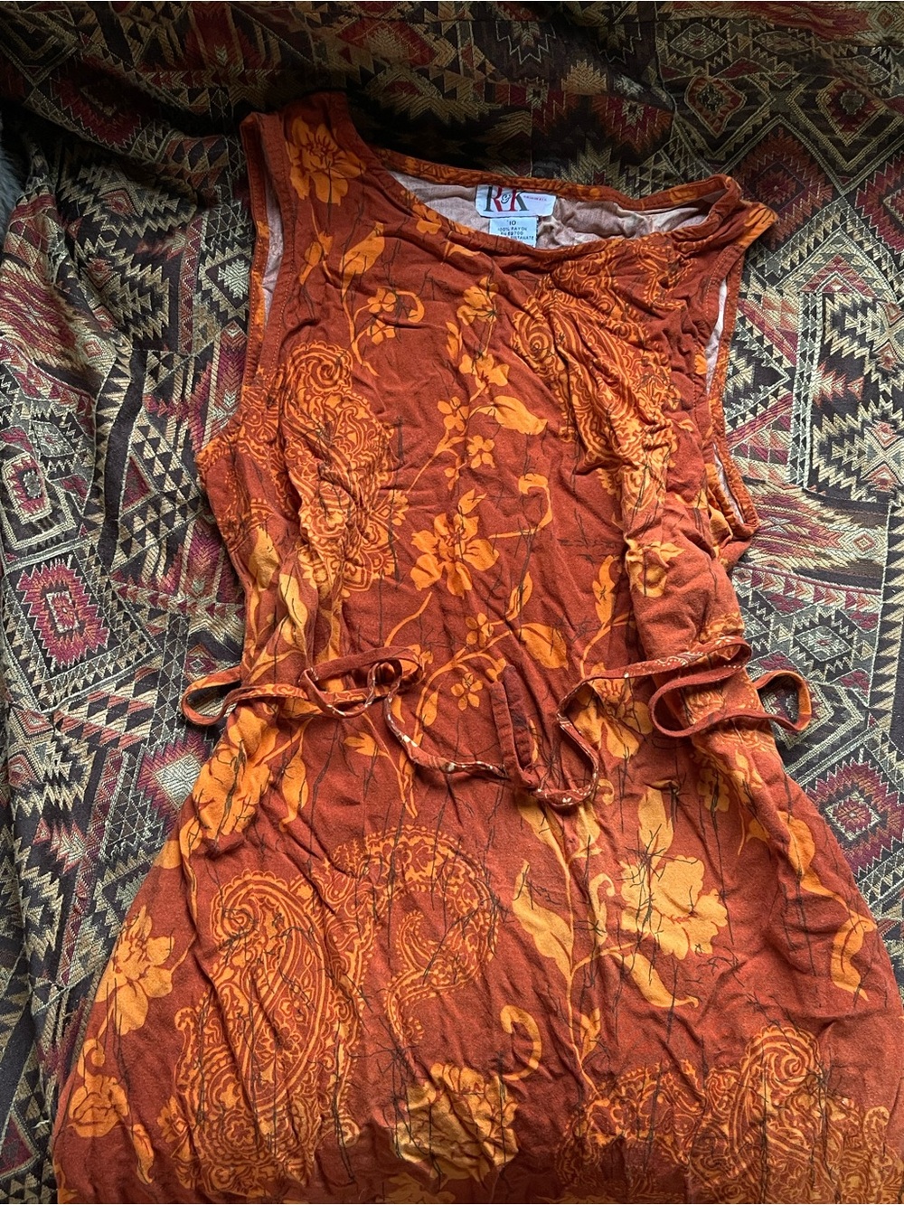 Boho Sleeveless Rust Orange Floral Tie-Waist dress